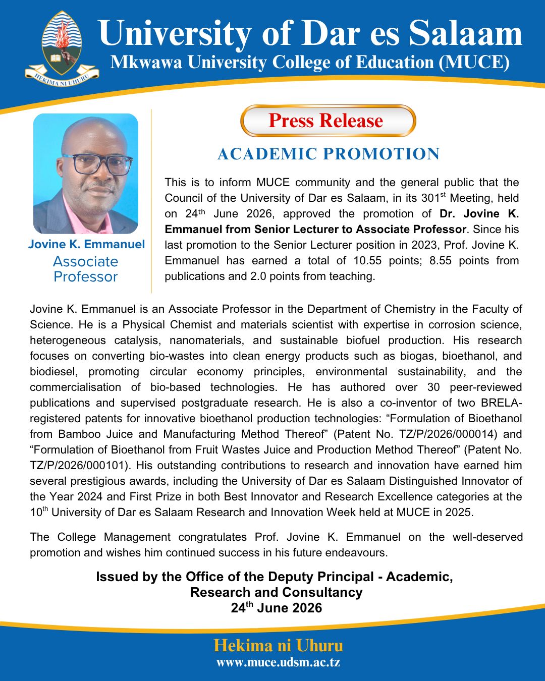 Jovine academic promotion